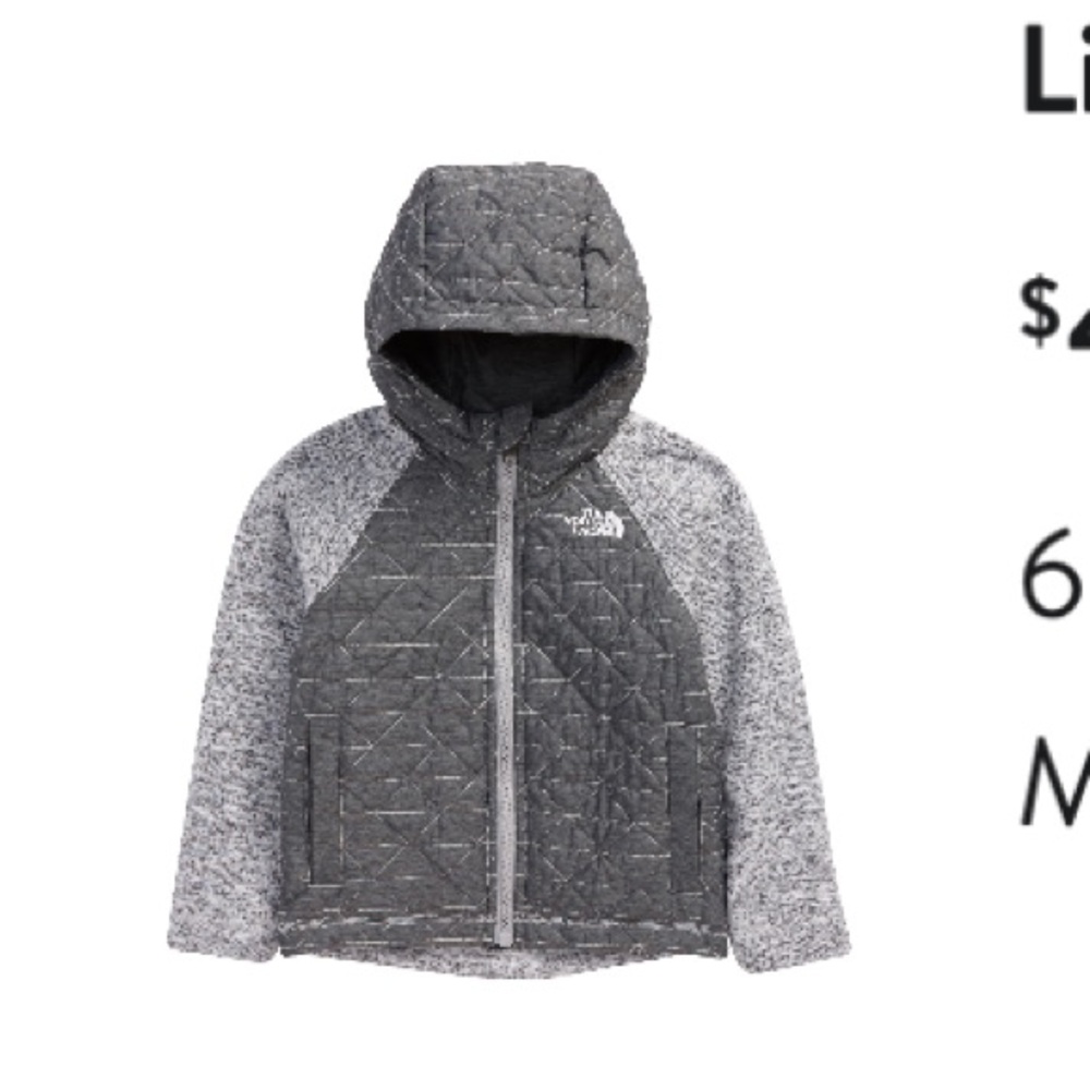 Kids 6T north face quilted sweater fleece hoodie/jacket grey. Excellent cond.